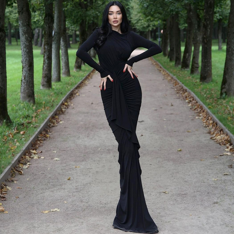 European and American fashion sexy long-sleeved hip skirt 2023 autumn and winter women's new split fishtail dress women