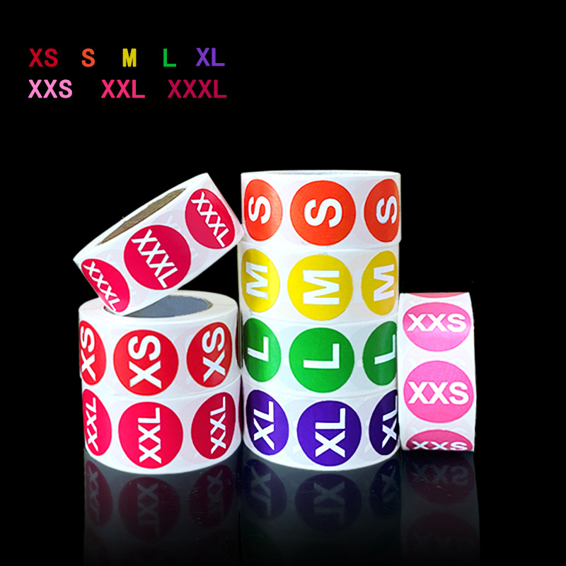 Circular colorful white sticker size label from XXS to XXXL size particles clothing letter sticker label