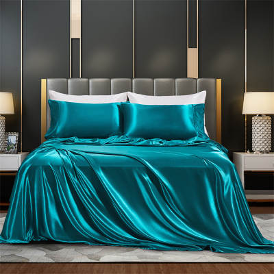 Cross-border foreign trade solid color satin silk-like four-piece European and American simple bed sheet fitted sheet pillowcase bedding