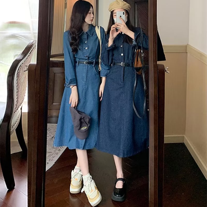 plus size Women's chubby girl Early Autumn Tibetan Flesh Slimming Denim dress Temperament Retro Design Mature Light Luxury Dress