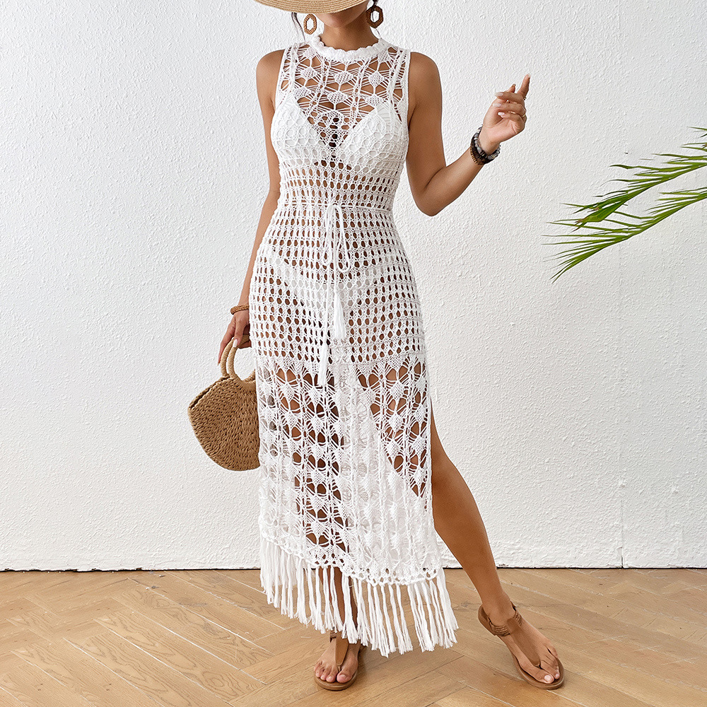 Amazon Hot Sale Hollow-out Floral Beach Dress Tight Waist Strap Tassel Long Dress 2024 Cross-border Explosion Beach Dress
