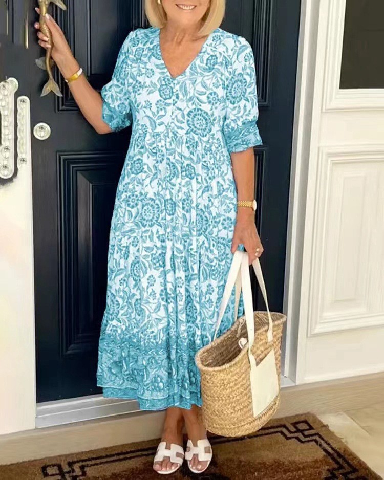 Amazon European and American Foreign Trade Elegant Long Loose Floral Dress Women's V-neck Printed Large Size Dress