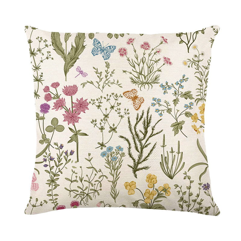 Amazon New Spring Floral Throw Pillow Cover Linen Printed Letter Sofa Cushion Cover Cross-border Home Throw Pillow Cover