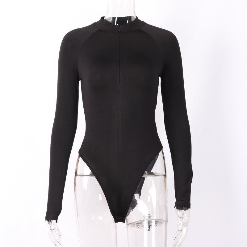 in stock Europe and the United States cross-border women's spring and autumn new long sleeve zipper round neck slim sexy hot girl solid color jumpsuit