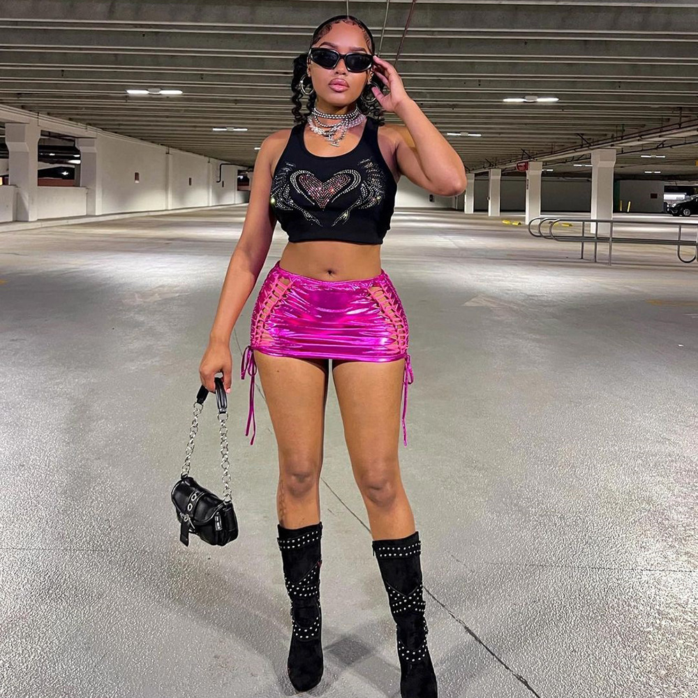 9024DD Nazada Spice Girls Women's 2024 New Fashion Bright Leather Tassel High Elastic Hollow Strap Skirt Women