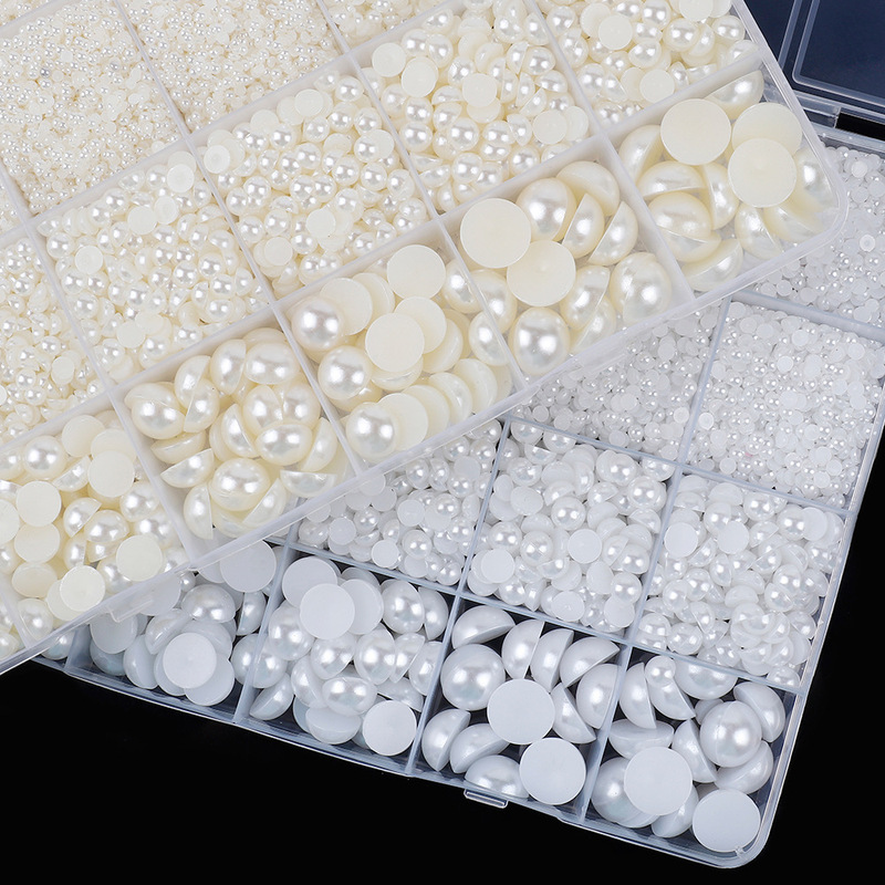 クロスボーダー箱入りミルクホワイト/ホワイト半円穴なし模造パールABSプラスチックフラットビーズdiyアクセサリー|undefined