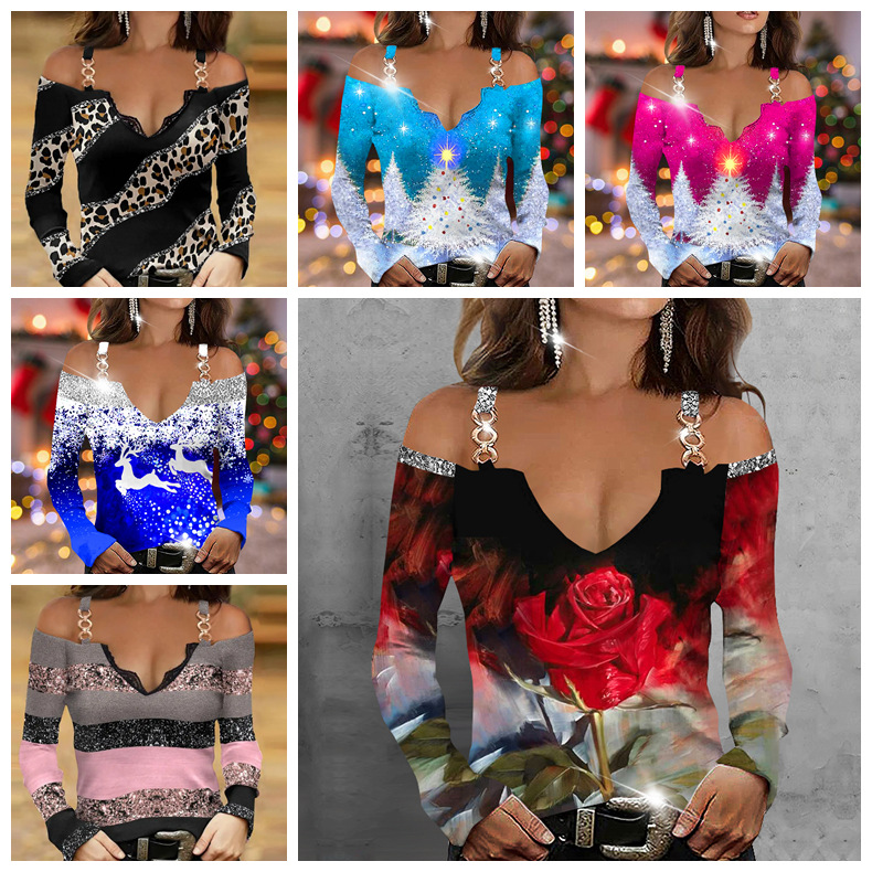 Cross-border 2023 AliExpress V-neck 3D Color Printing Slim-fit Sexy Lace Pullover Shoulder Long Sleeve Strap T-shirt