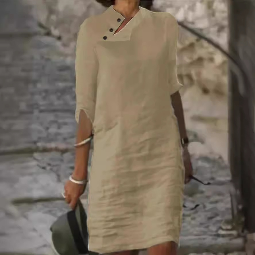 2024 Amazon independent station spring and summer new casual stand collar button cotton linen solid color half sleeve dress