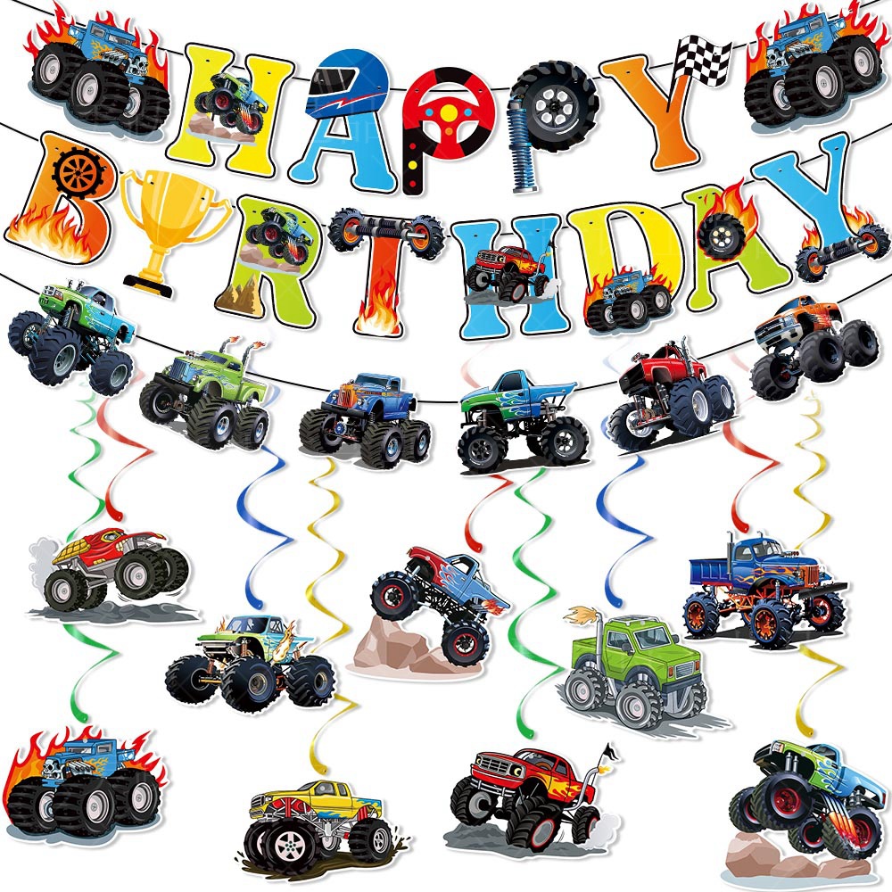 Amazon Birthday Party Decoration Buggy Banner Pull Flag Monster Truck Birthday Decoration Spiral Chandel