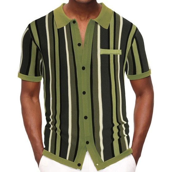 Amazon New Men's Summer Cardigan Knitted T-shirt Short Sleeve Lapel Striped Casual Polo Shirt Men SY0110