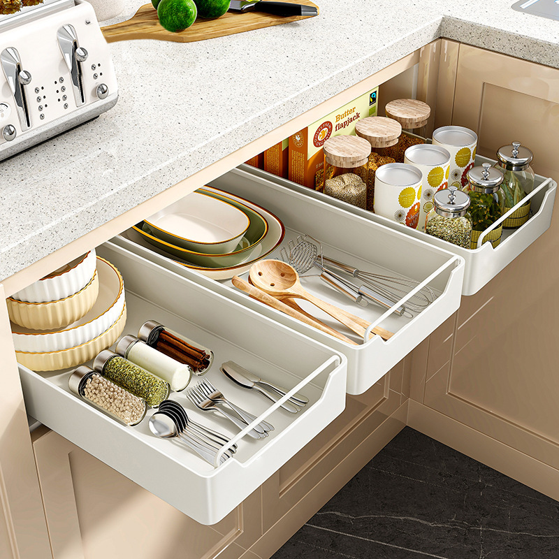 Cabinet Drawer Basket Inner Seasoning Storage Box with Slide Rail Installation-Free Lower Sink Storage Rack Storage Rack
