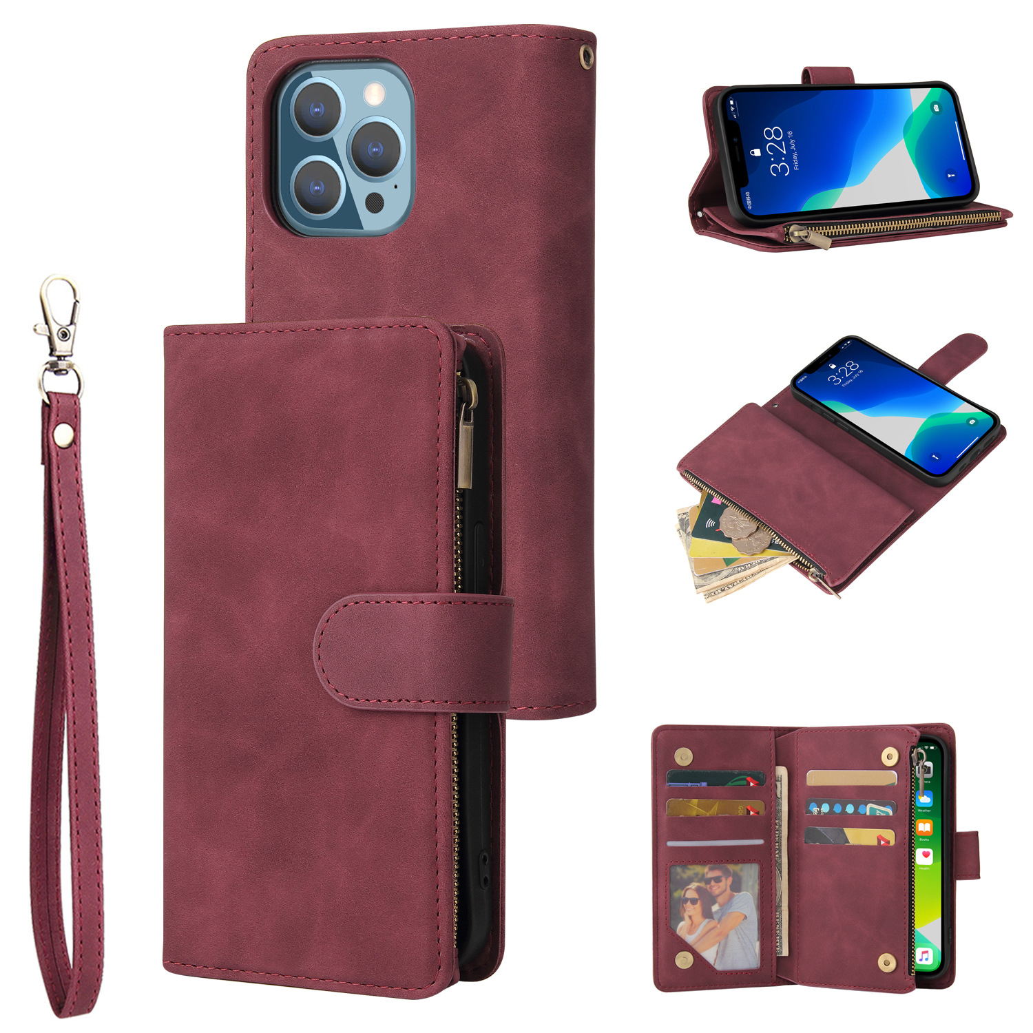 Suitable for Apple 16E Multi Card Zipper iPhone16pro Max Card Phone Leather Case