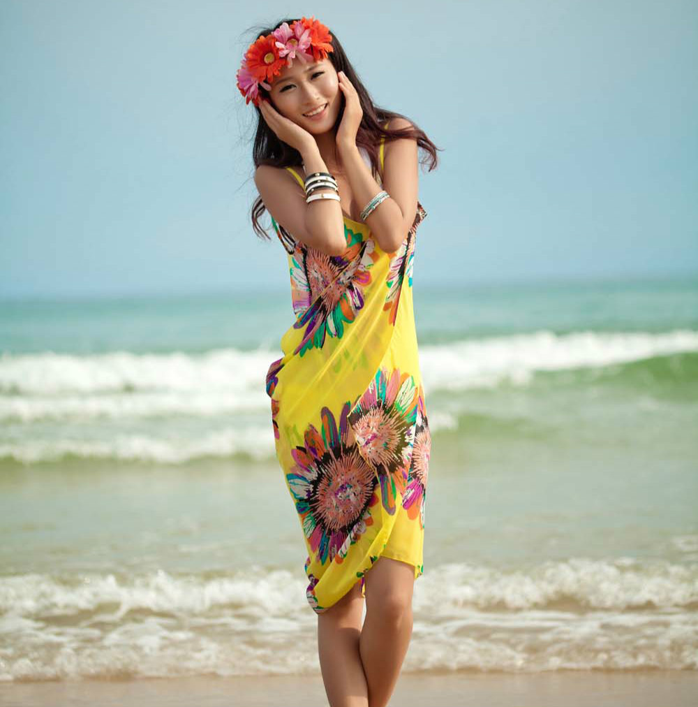 Cross-border Sunflower Bikini Swimsuit Blouse Women's Sexy Strap Chiffon Beach Backless Skirt Quick Sale Tongya