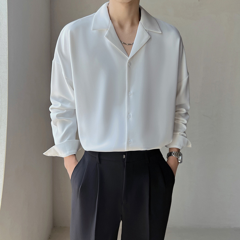 Cuban collar apricot shirt men's long sleeve light familiar high-grade ice silk ruffle handsome lazy wind non-ironing draping white shirt