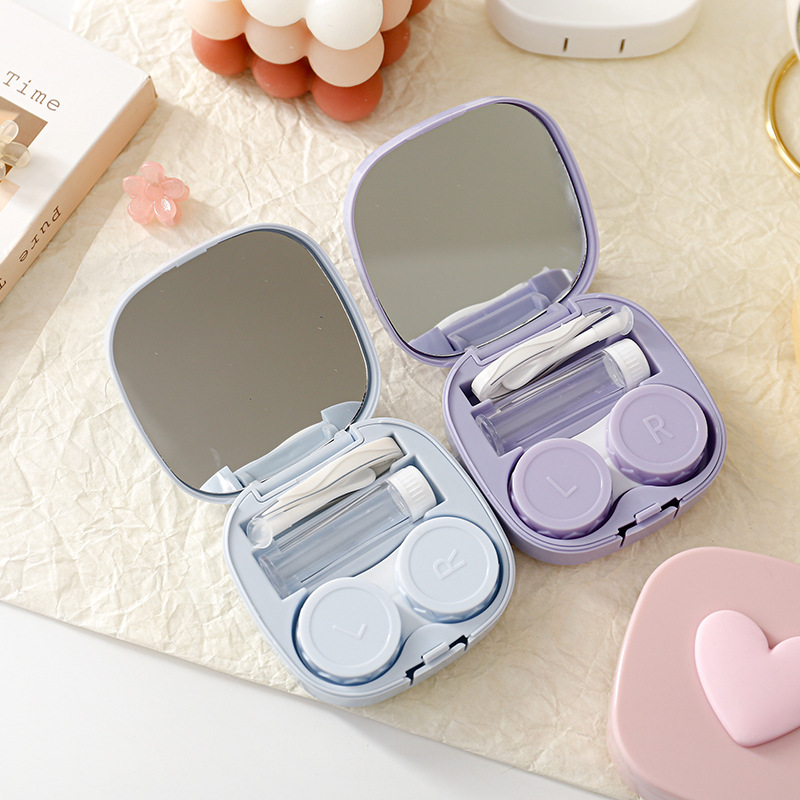 Macaron color square love contact lens box contact lens storage box portable contact lens with mirror couple box