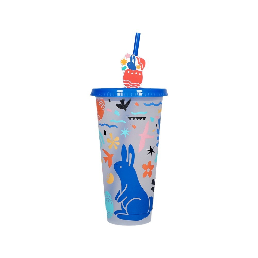 2023 New Easter Color Changing Straw Cup Pp Cup High-Looking Rabbit Pattern Color Changing Cup Customization