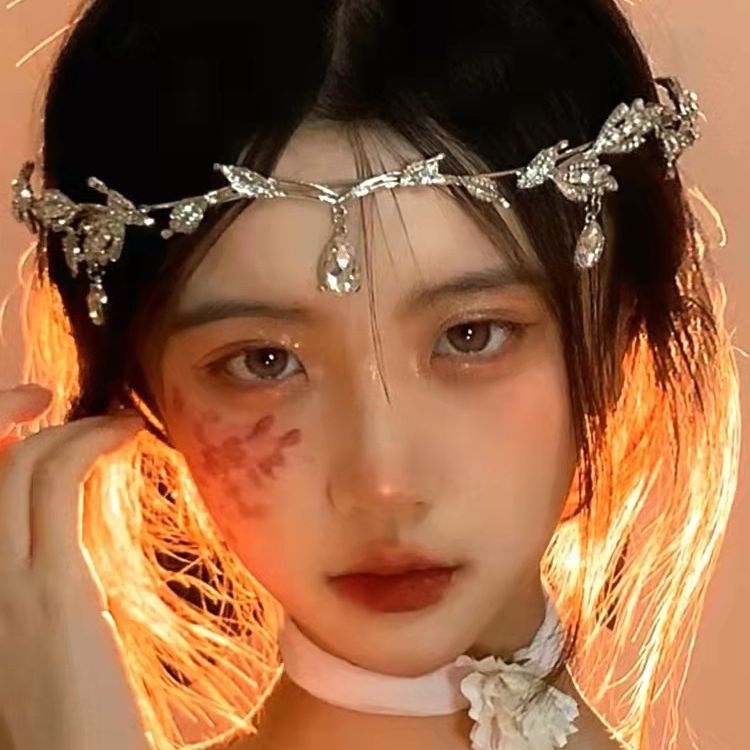 Crown Mori Leaves Water Drops Full Diamond Bridal Headwear Eyebrow Pendant Rhinestone Wedding Headwear Full Diamond Crown Headband