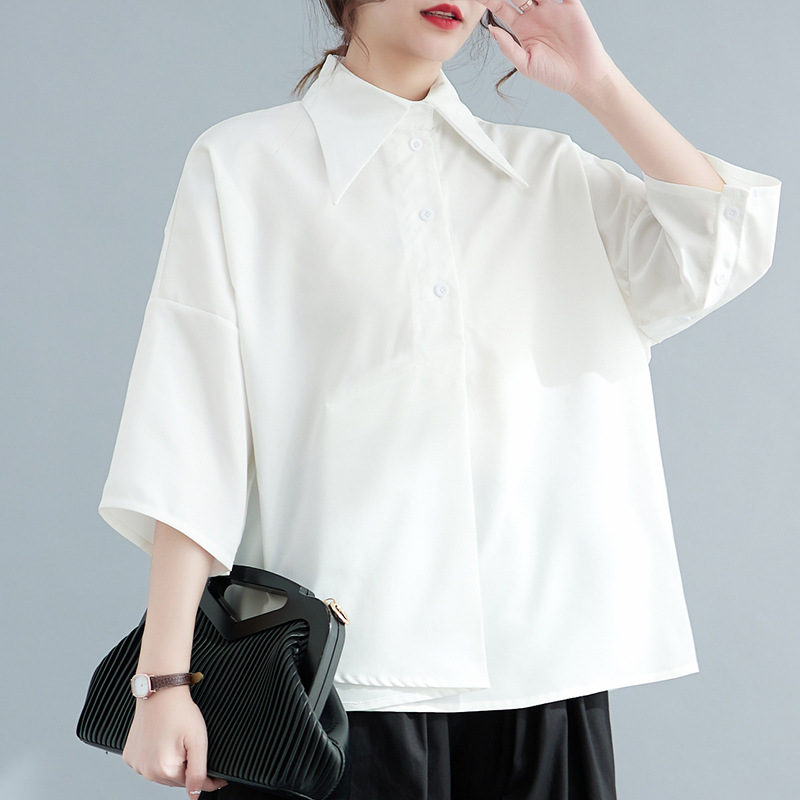 Summer lazy style loose short sleeve black shirt Women's irregular 3/4 sleeve bf shirt top