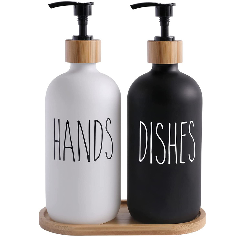 Amazon 500ml bamboo cover black and white glass bathroom supplies hand sanitizer bottle soap bottle Lotion Bottle