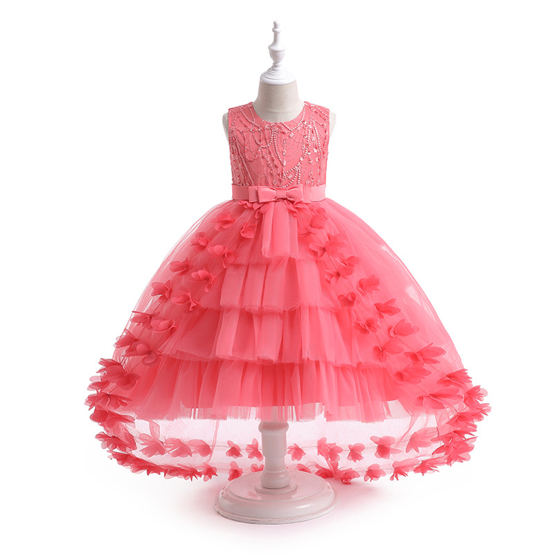 In Stock Children's Evening Dress Girl's Western Style Puffy Yarn Princess Dress Flower Girl's Wedding Girl's Tail Dress European and American