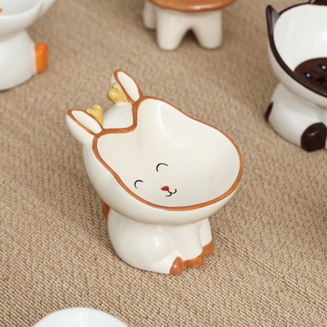 High-legged Ceramic Cat Bowl Pet Bowl Oblique Neck Protection Brown Lion Bowl Ornaments Ceramic Storage Box Desktop Storage