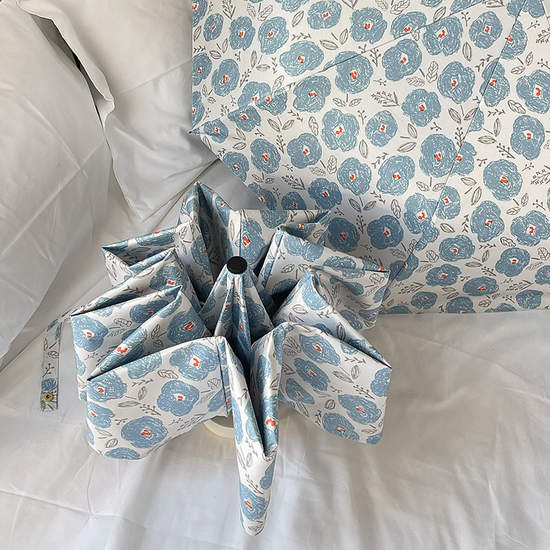 Gentle Pastoral Style Automatic Folding Umbrella Women's Dual-Use Oil Painting Small Blue Flower Sunshade Sun Umbrella Sunscreen Women