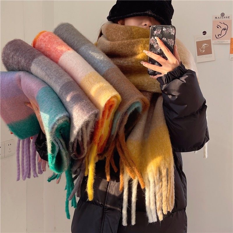 Plaid Tassel Scarf Women's Autumn and Winter Rainbow European and American Brand Color-matching Imitation Cashmere Mahair Shawl Thickened Scarf