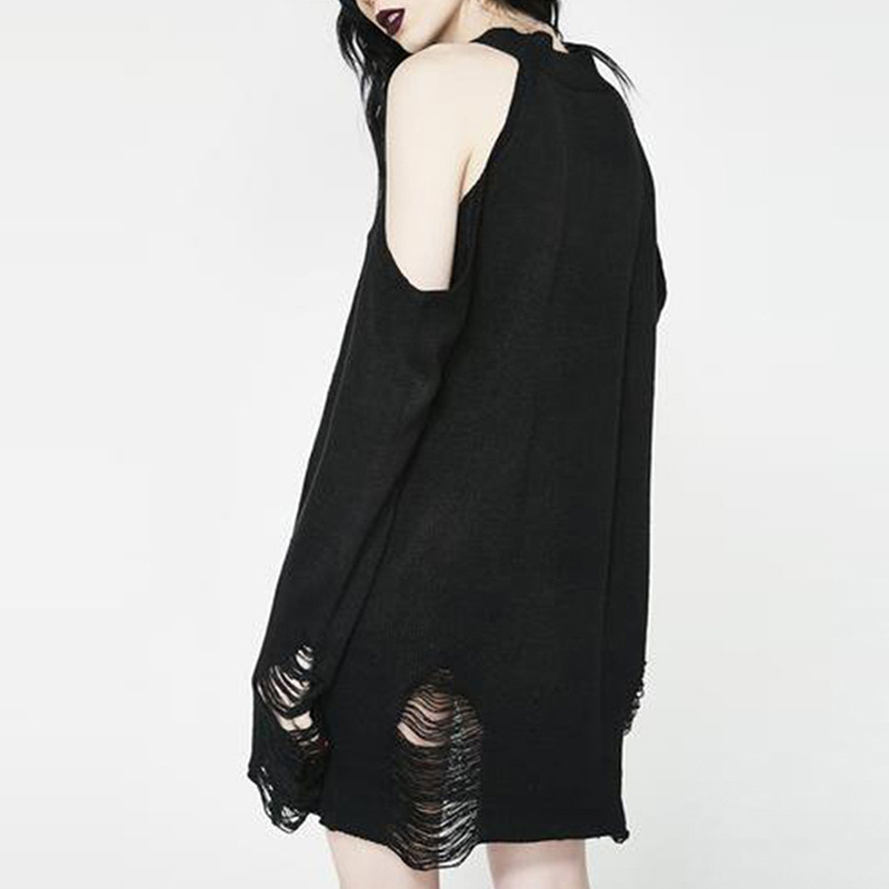 Cross-border European and American black ripped off-shoulder sweater autumn and winter punk lazy loose round neck long sleeve Gothic style women's sweater