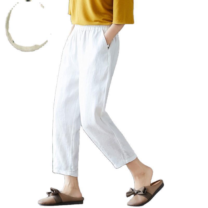 [Spot] Cotton and Linen Pants Women's Large Size Ankle-length Pants Loose Legs Harlan Casual Pants Radish Pants