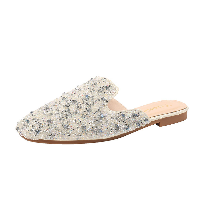 Closed toe half slippers women's summer outdoor fashion 2022 new rhinestone flat sandals half support single-layer shoes lazy Muller shoes