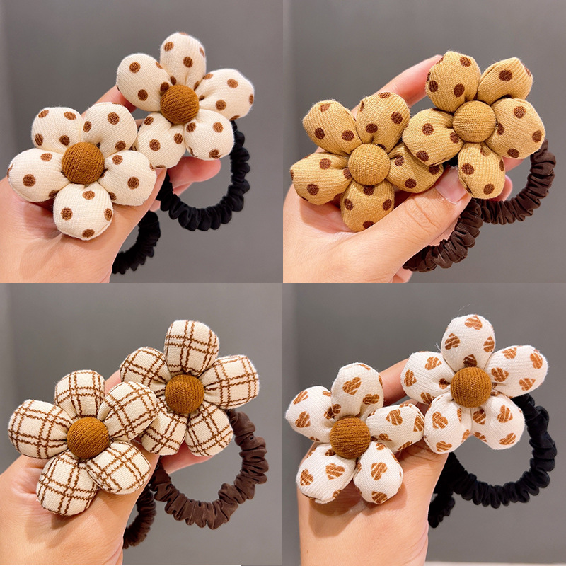 New Children's Milk Curry Color Hair Rope Fabric Flower Hair Rope Girls' Hair Band Hair Accessories for Girls