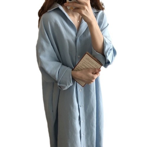 Cross-border South Korea Lazy Style All-match Simple Long Over-the-knee Shirt Solid Color Lapel Cardigan Shirt Sunscreen Air-conditioning Shirt