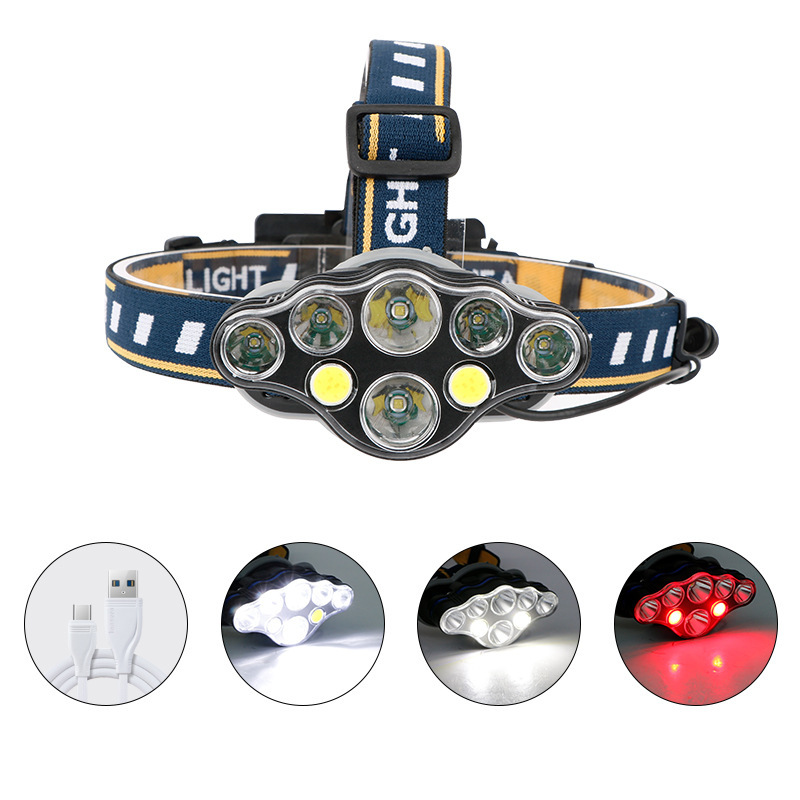 Cross-border new 8-light LED strong light long-range headlight USB rechargeable outdoor waterproof COB red light warning work light