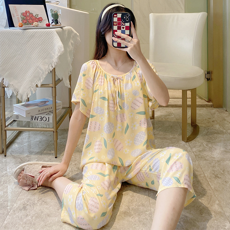 2024 Summer People's Cotton Silk Women's Pajamas Short-sleeved Capri Pants Suit Fresh and Pastoral Style Quality Home Clothes for Walking