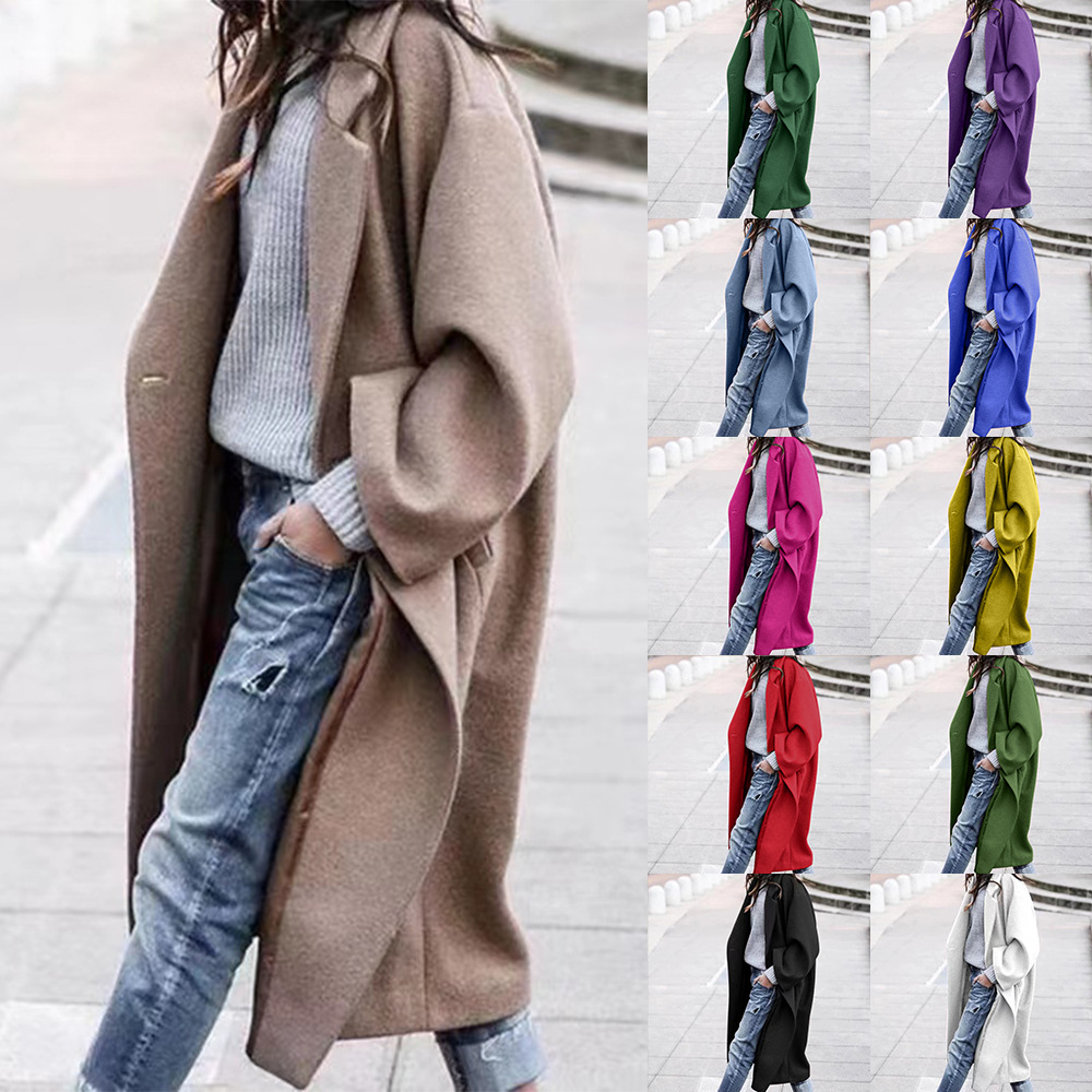 European and American autumn and winter long woolen coat color temperament commuting beltless lapel loose woolen green coat for women