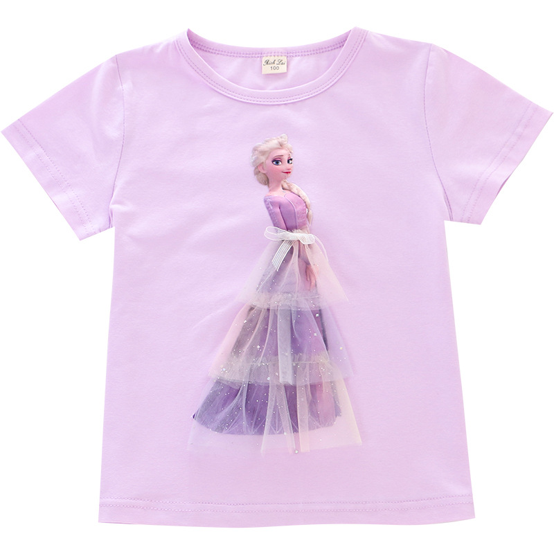 2024 children's clothing new summer girls' T-shirt bottoming shirt three-dimensional Princess top gradient mesh factory one-piece delivery