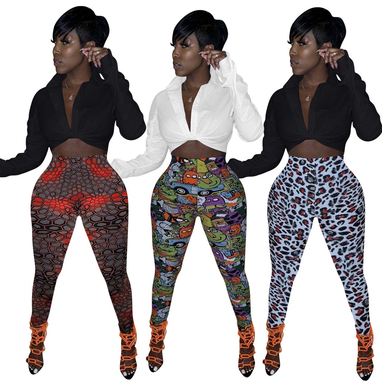 FE197 Special Price No Return No Change European and American Women's Clothing Amazon suit Fashion Sexy Tight Printed Two-Piece Set