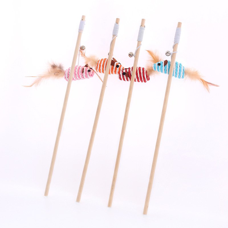 Funny cat stick in stock leather Taobao linen feather Bell funny cat toy solid wood wooden pole pet cat toy wholesale