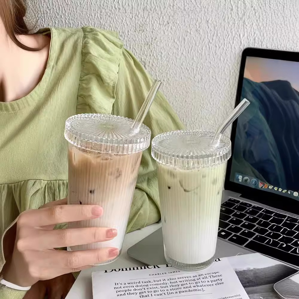 Vertical pattern coffee cup ins style household simple straw glass cup with lid face value milk tea latte cup drinking cup