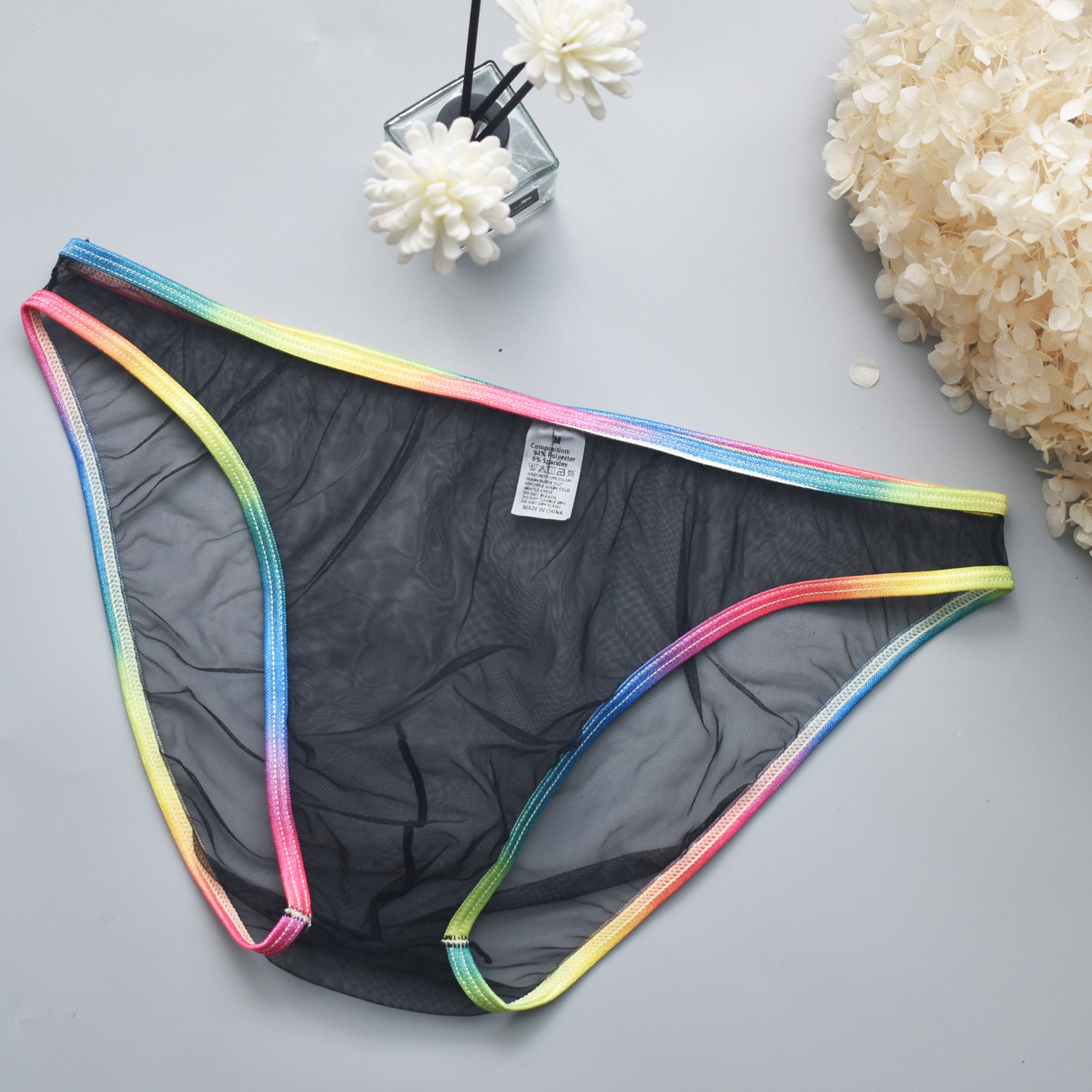 Sexy men's briefs perspective underwear men's ultra-thin transparent rainbow edge mesh sexy men's underwear B903