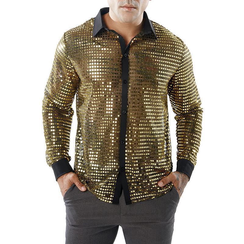 Men's Long Sleeve Performance Suit Amazon Foreign Trade Scale Shirt Long Sleeve Collar 70 s Disco Party Spot