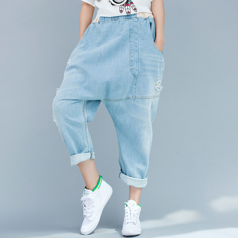 2024 denim casual baggy pants big crotch pants loose personality ripped irregular slimming Korean style wandering notes