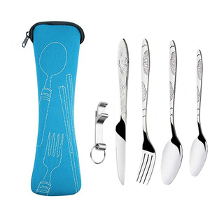 Cross-border Amazon Stainless Steel Portable Tableware Five-piece Set Outdoor Travel Camping Knife, Fork and Spoon Small Spoon Gift Set
