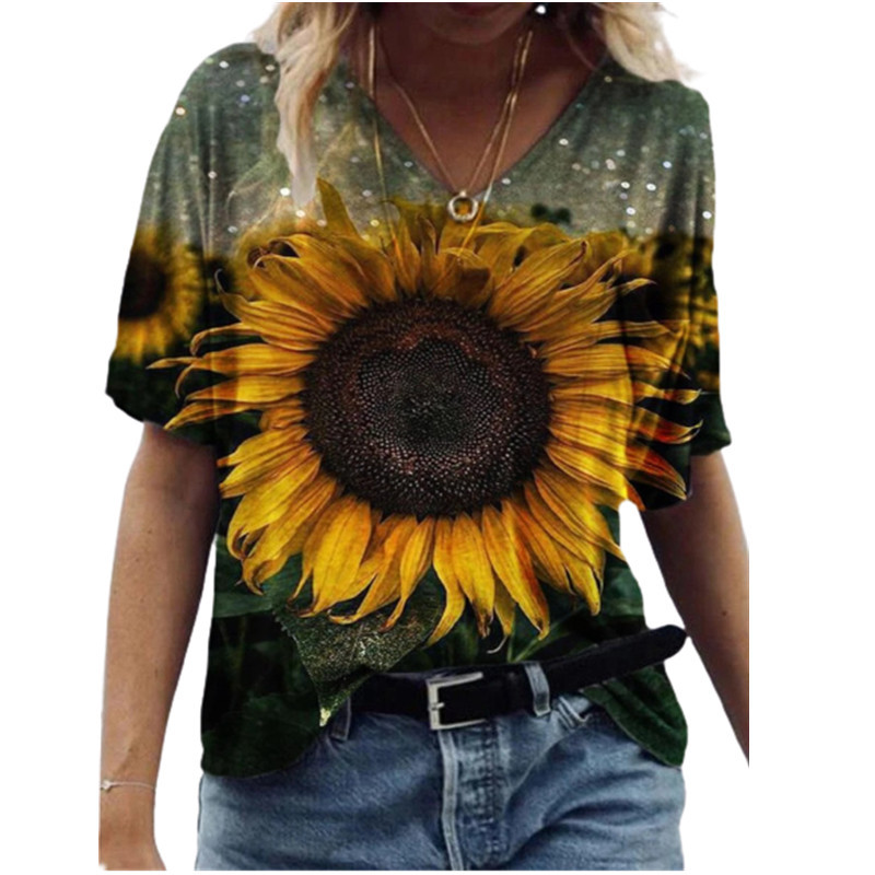  Summer eBay AliExpress wish floral print short-sleeved V-neck women's loose-fitting T-shirt