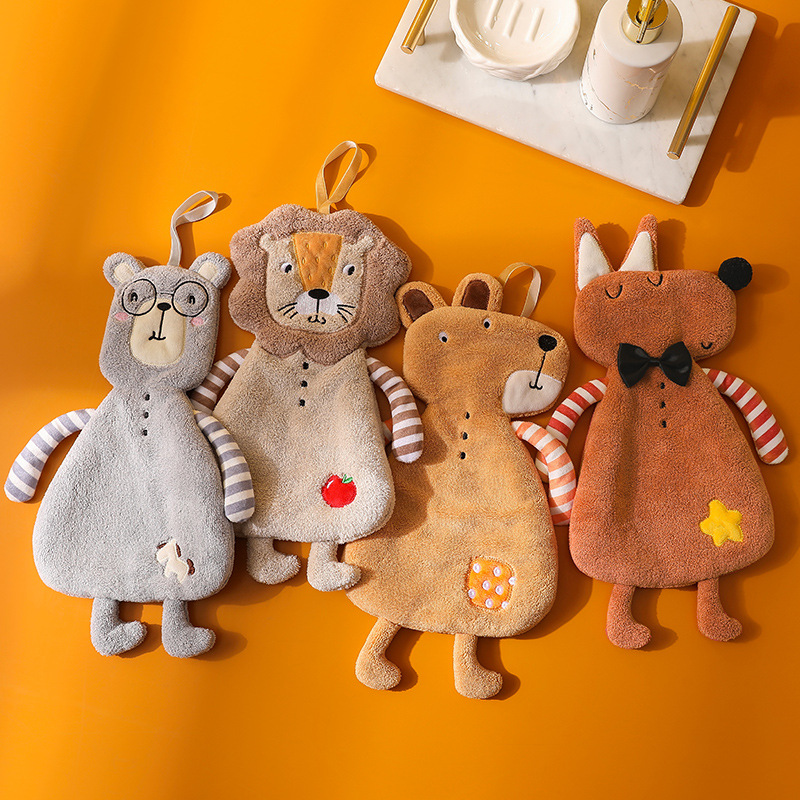 Cartoon Animal Shape Coral Fleece Towel Bathroom Hanging Absorbent Towel Kitchen Thickened Embroidered Square Towel Cross Border