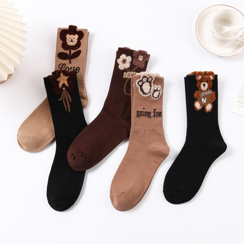 Socks Women's Autumn and Winter Plush Jewelry Feather Yarn Net Red Three-dimensional Cartoon Flower Bear Japanese Socks