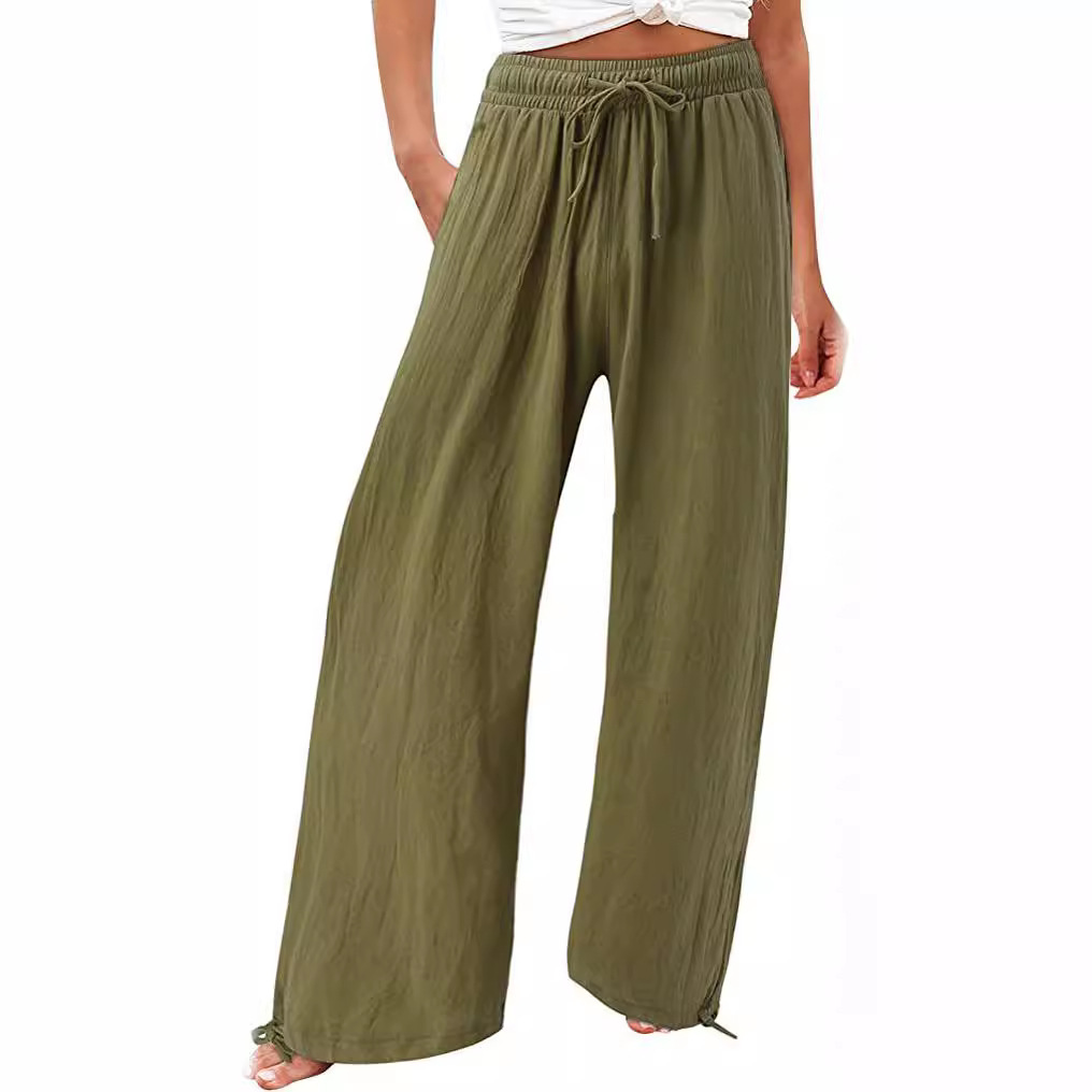 2023 Summer TEMU Amazon European and American Cross-border Women's New Cotton and Linen Wide Leg Drawstring Beach Pants Casual Pants for Women