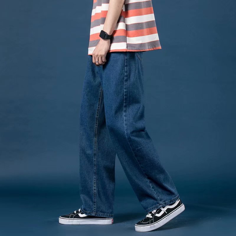 Light Color Jeans Men's Loose Fashionable Brand Washed Straight Pants Korean Style Fashionable Retro Wide Leg Dads Pants