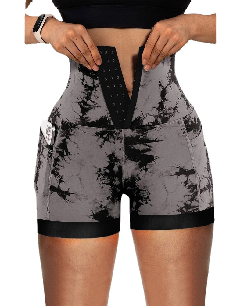 European and American Amazon Women's High Waist Abdominal Yoga Three-point Shorts Peach Hip-lifting Tie Bleaching Dye Sports Tights