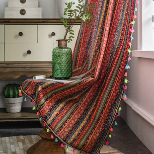 Cloth Daddy American Bohemian Style Red Bronzing Striped Cotton and Linen Printing Semi-transparent Finished Curtain for Living Room